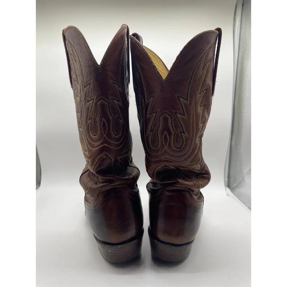 1883 Lucchese Brown Leather Caiman Inlay Snip Toe Cowboy Boots Embroider Men 8 D